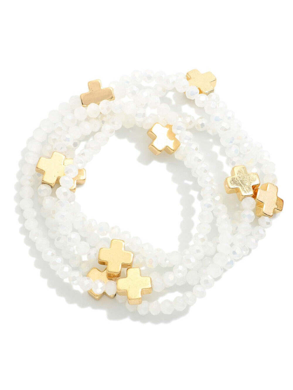 Set of 5 White Faceted Glass Beaded Stretch Bracelet Stack Gold Cross